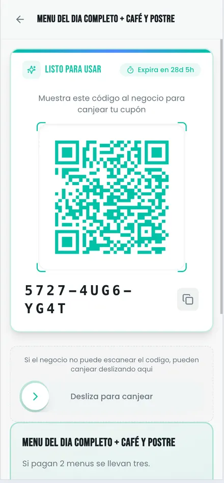Cupón QR listo para canjear en el comercio
